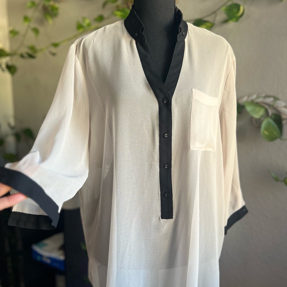 Vera Wang Sheer White Blouse with Black Accents